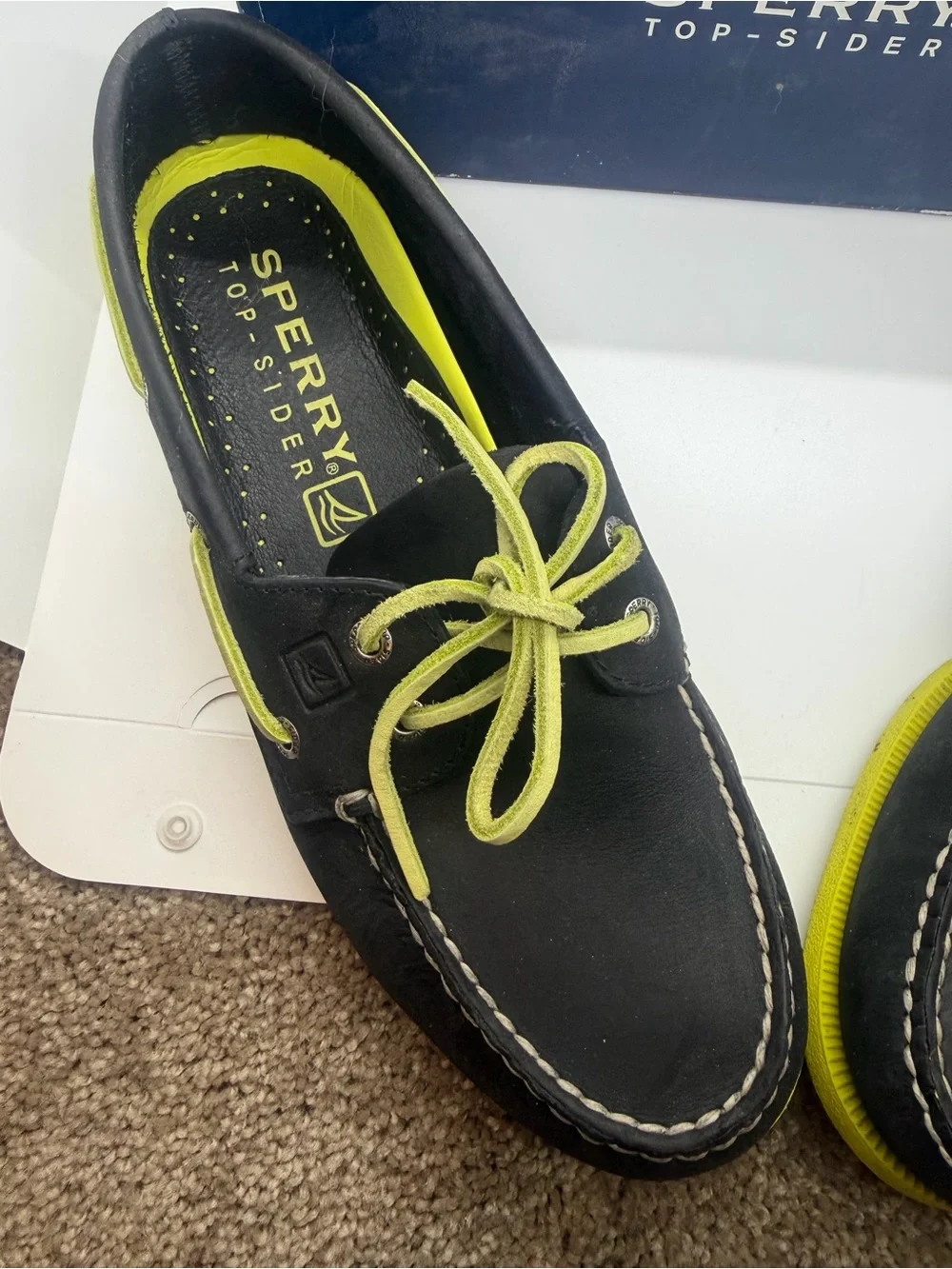 Sperry Men’s Black Boat Shoes with Neon Yellow Accents